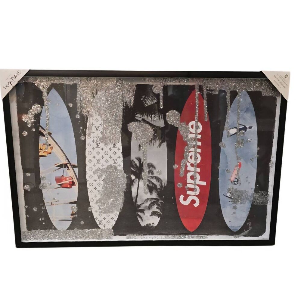 Design District Surfboard Supreme Glitter Embellished Framed Wall Decor